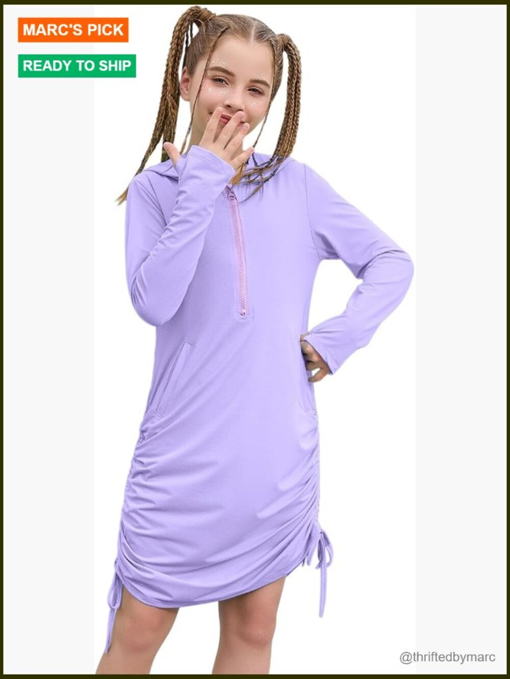 Girls Long Sleeve Hooded Swim Cover Up Dress with Pockets Sun Protection